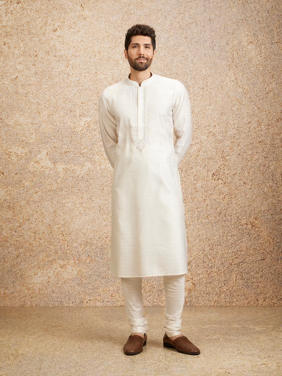 Twamev Men Embellished Warm White Kurta Pajama