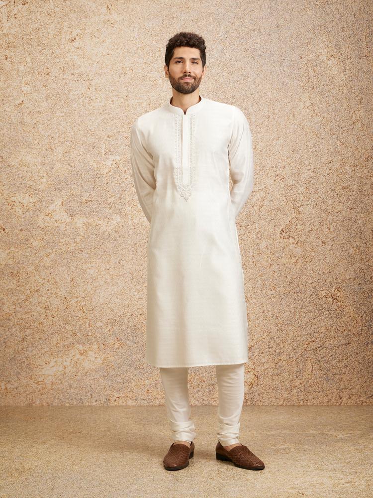 Twamev Men Embellished Warm White Kurta Pajama