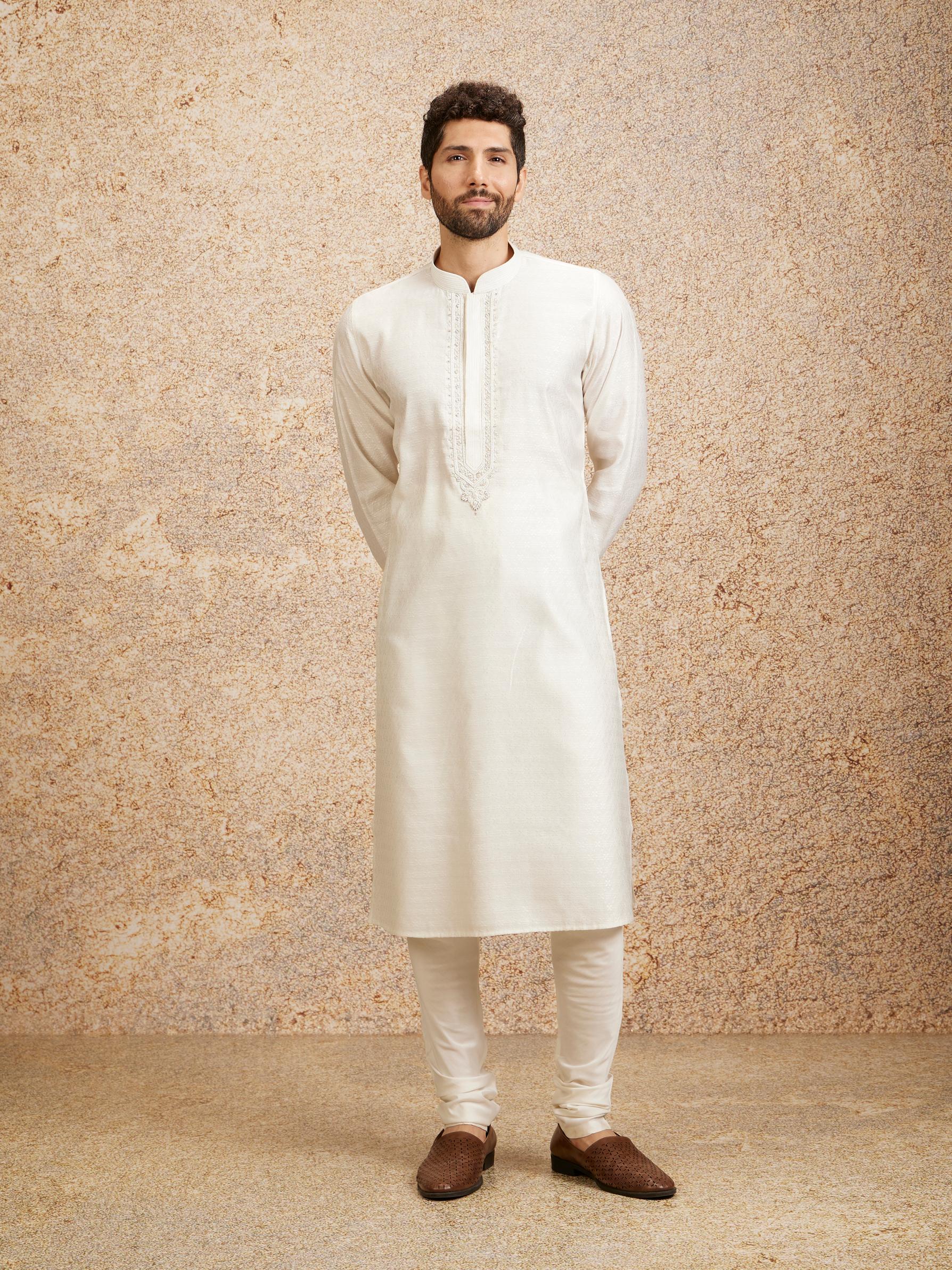 Twamev Men Embellished Warm White Kurta Pajama