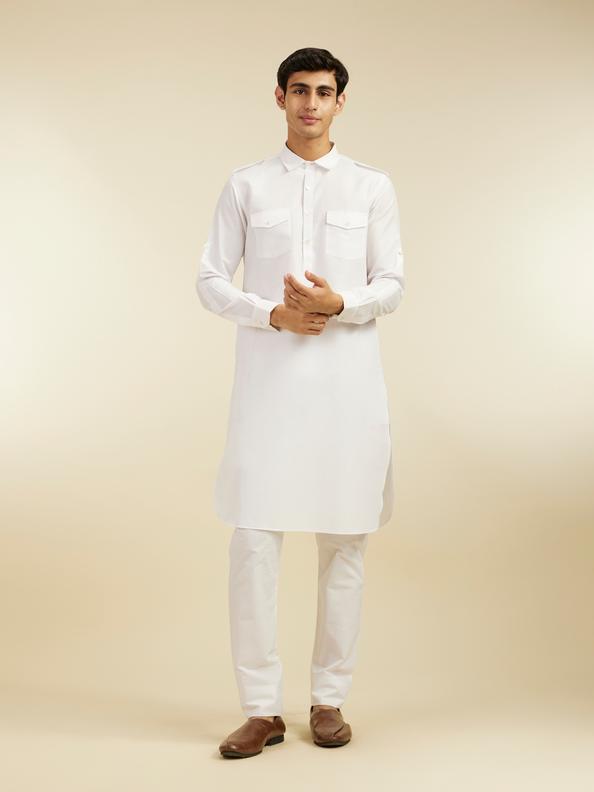 Diwas Men Pearl White Paithani Style Kurta with Cuffed Sleeves