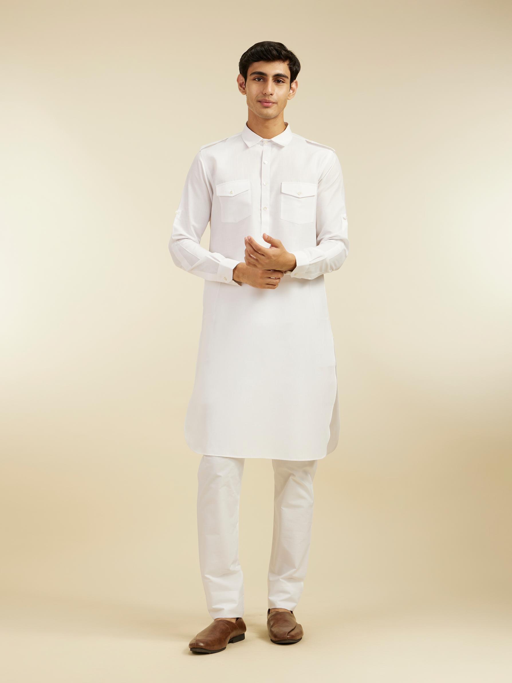 Diwas Men Pearl White Paithani Style Kurta with Cuffed Sleeves