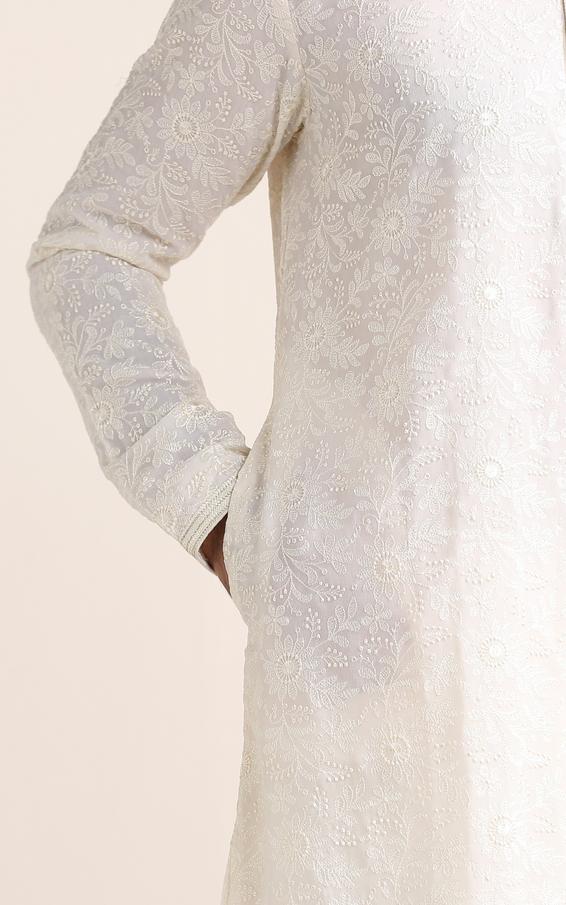 Twamev Men Cream White Chikankari Embroidered Kurta Set