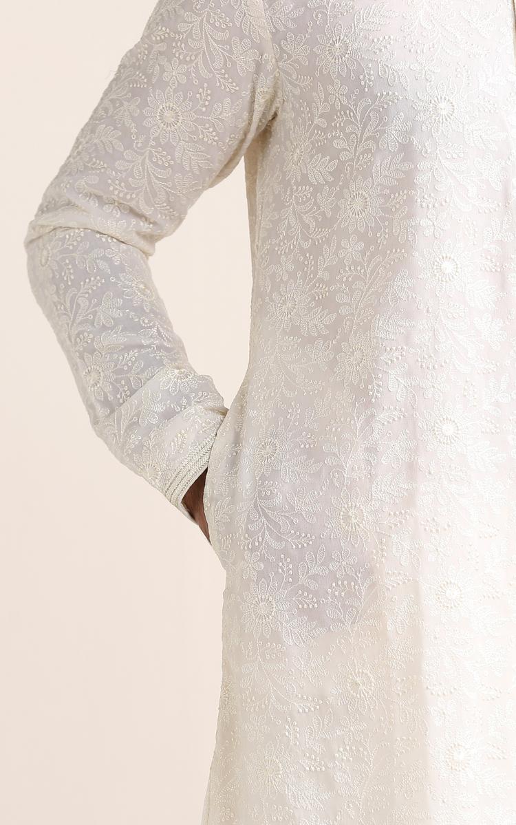 Twamev Men Cream White Chikankari Embroidered Kurta Set