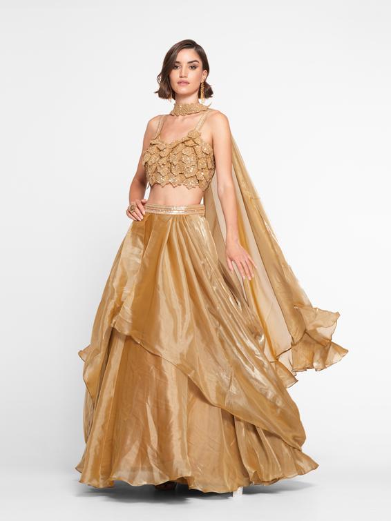 Twamev Women Golden Gleam Trio Set Skirt Top