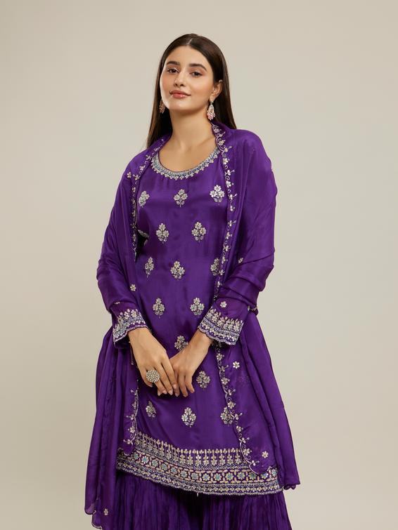 Twamev Women Royal Purple Chinon Stitched Suit