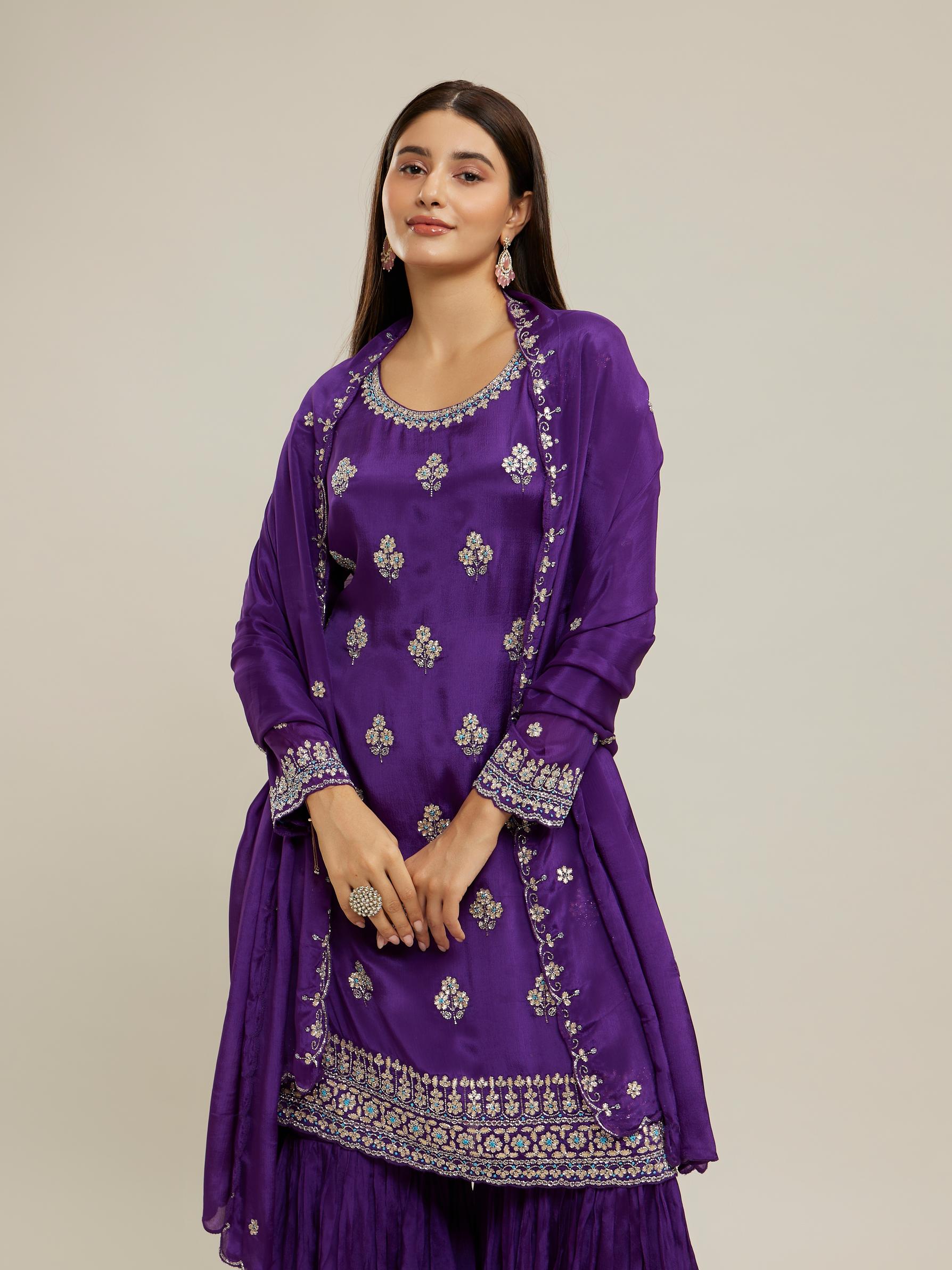 Twamev Women Royal Purple Chinon Stitched Suit