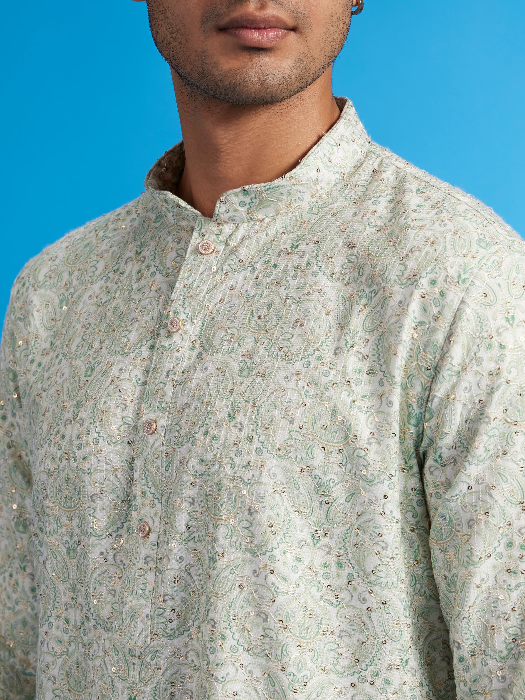 Diwas Men Soft Green Paisley Patterned Kurta with Rhinestones