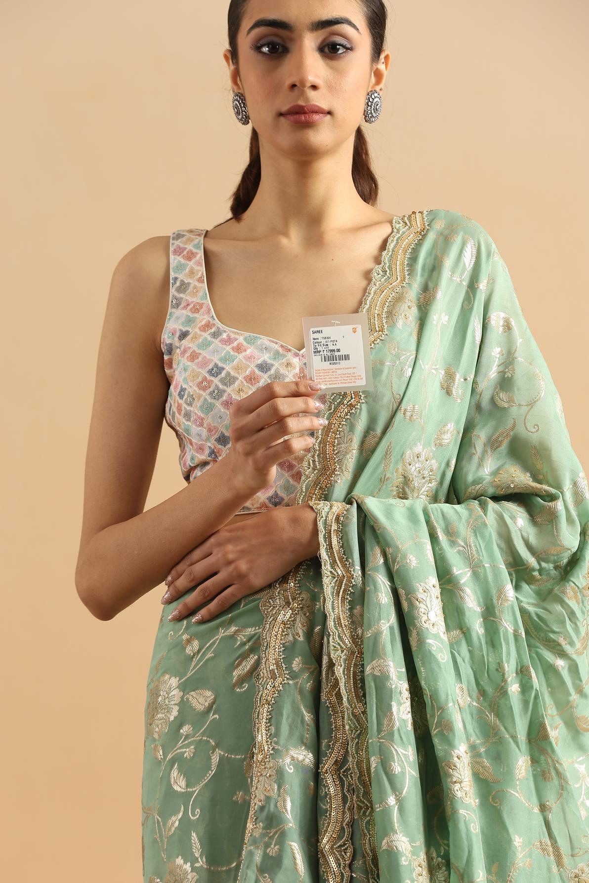 Twamev Women Whispering Pista Green Organza Saree