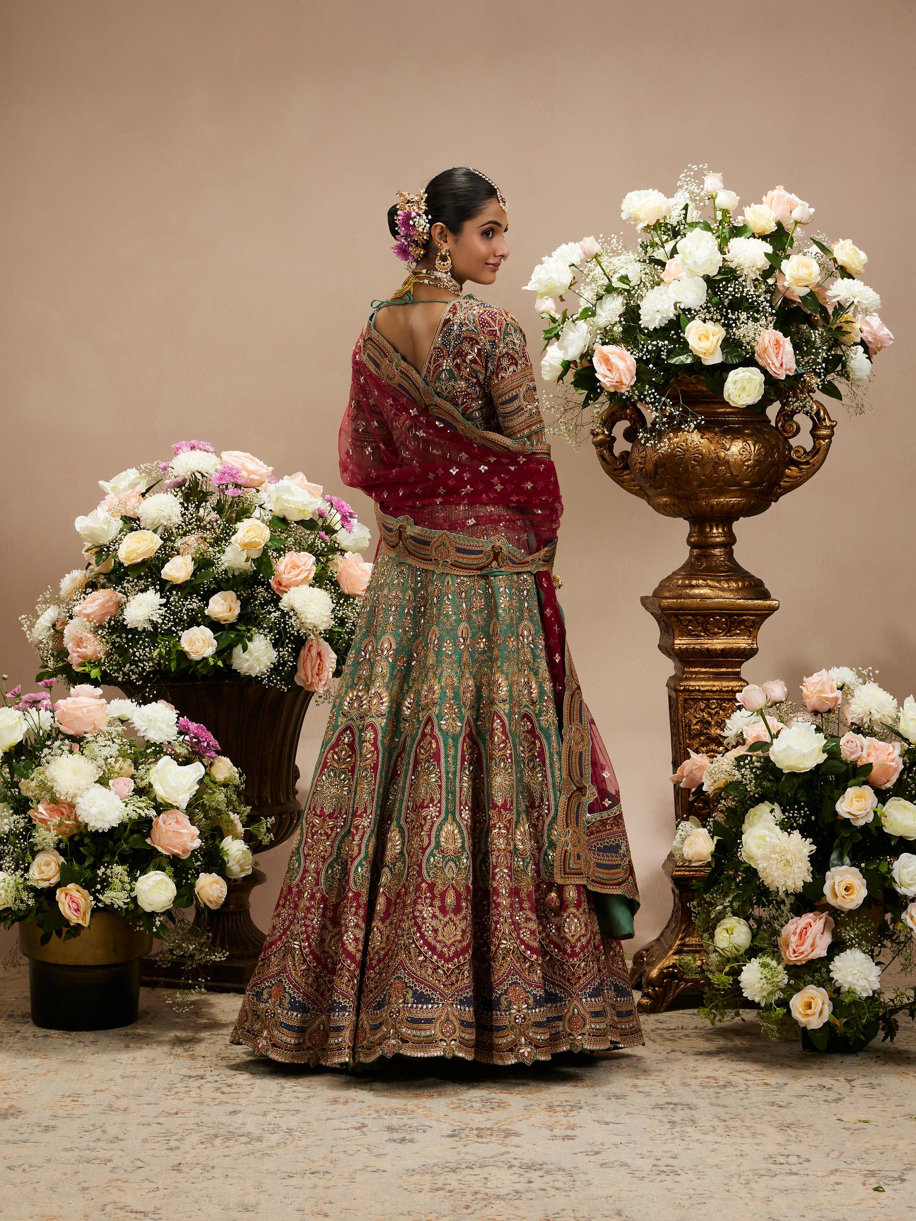 Twamev Women Rama Green And Maroon Jhallar Patterned Lehenga with Buta Motifs, Zari And Gota Patti Work