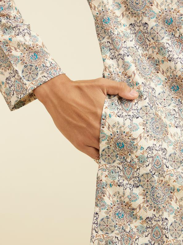 Diwas Men Soft Beige Floral Jaal Printed Kurta