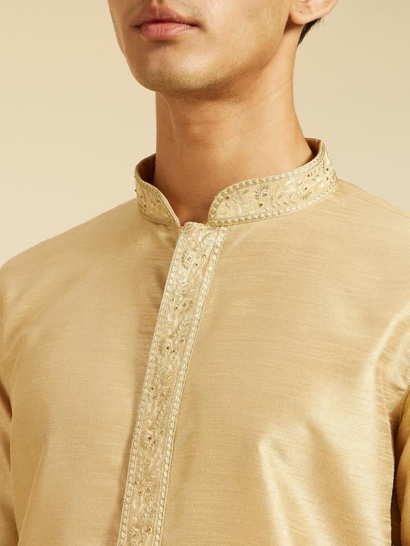 Diwas Men Sand Beige Self Textured Kurta with Embroidered Placket