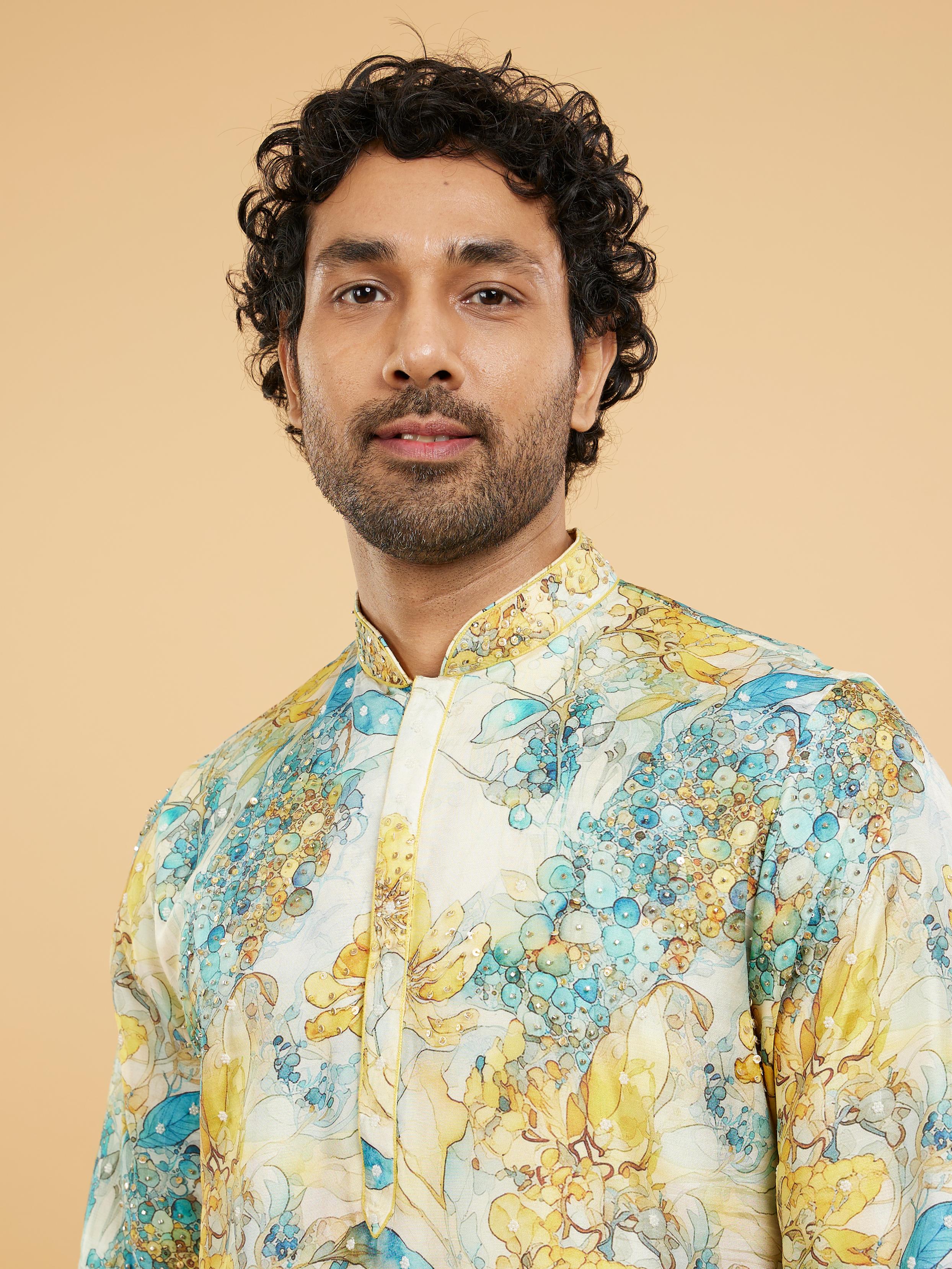 Twamev Men Turquoise Blue Yellow Kurta Pajama