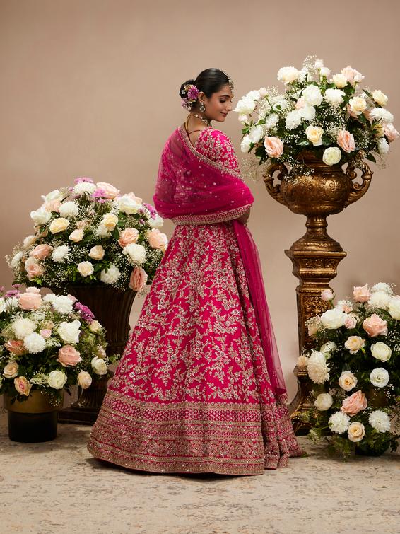 Twamev Women Rani Pink Bel Buti Embroidered Lehenga with Intricate Borders, Sequin And Stone Work