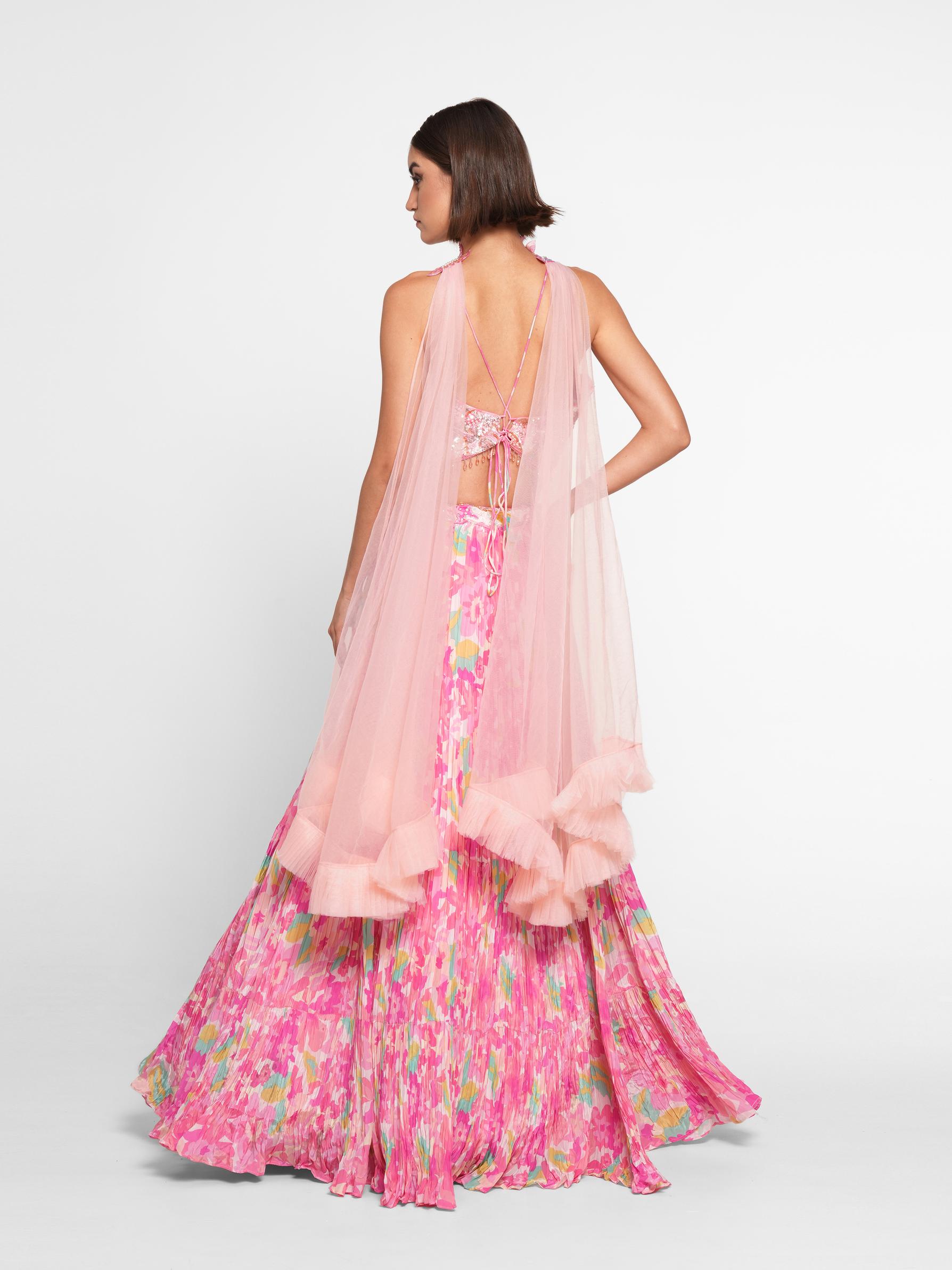 Twamev Women Ethereal Pink Chinon Skirt Top Ensemble