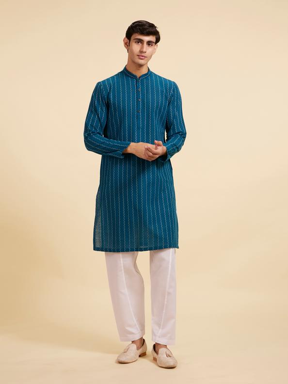 Diwas Men Teal Blue Bel Printed Kurta