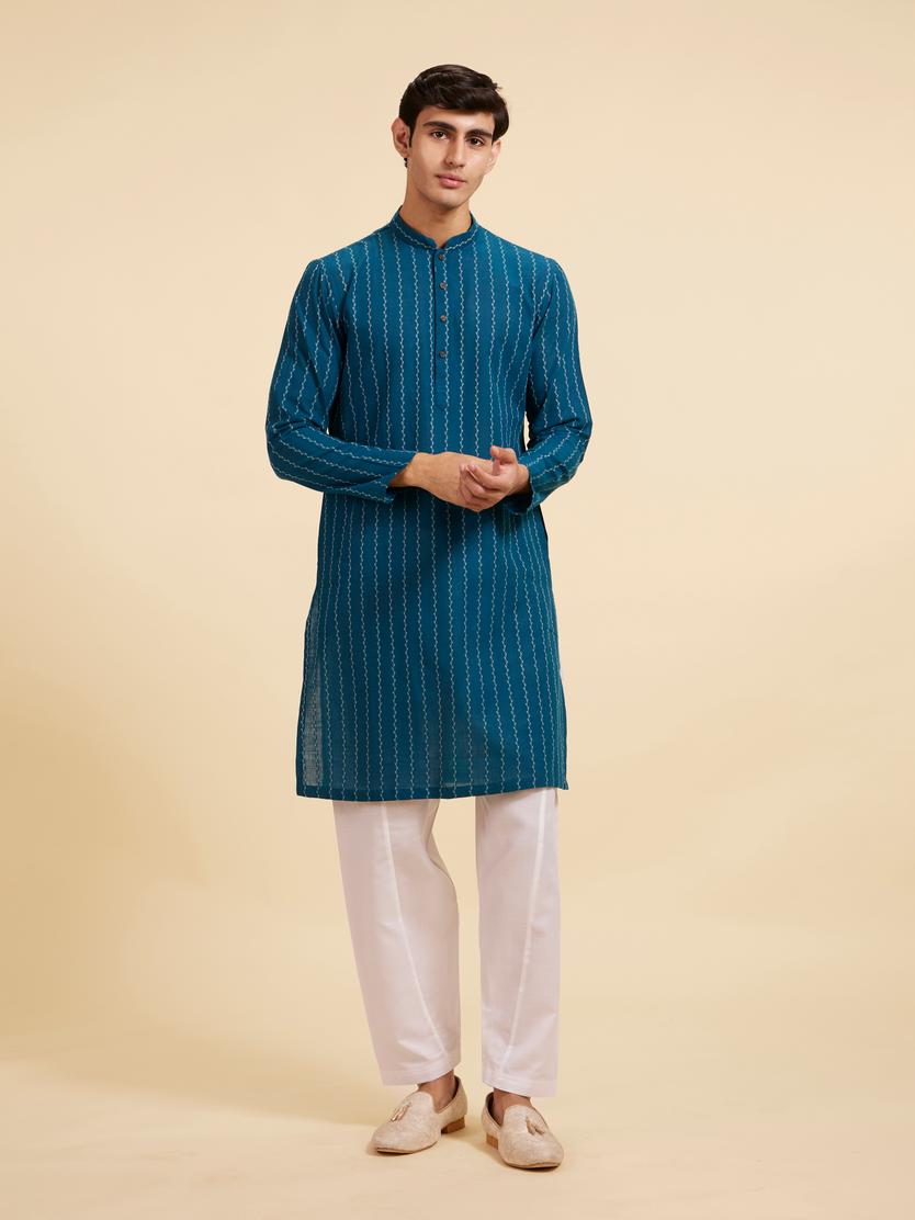 Diwas Men Teal Blue Bel Printed Kurta