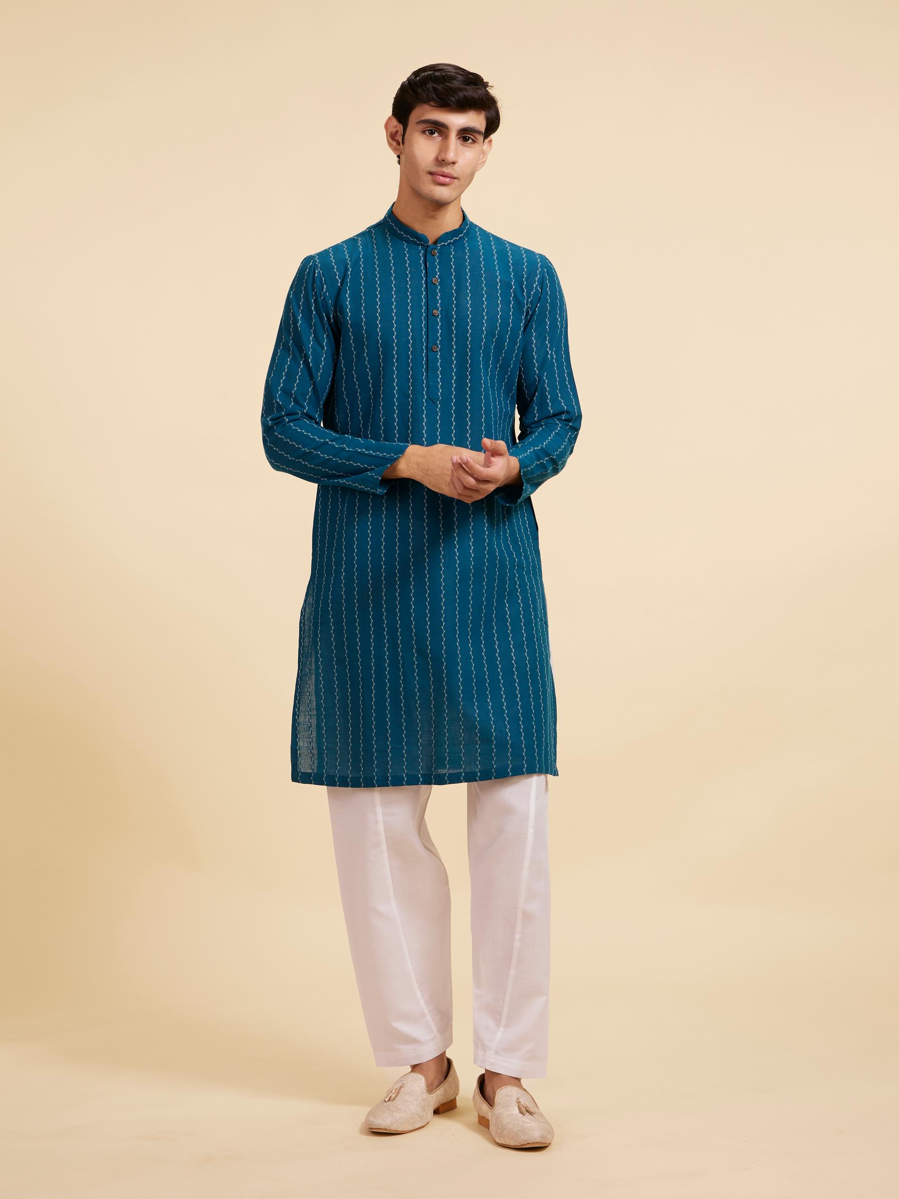 Diwas Men Teal Blue Bel Printed Kurta