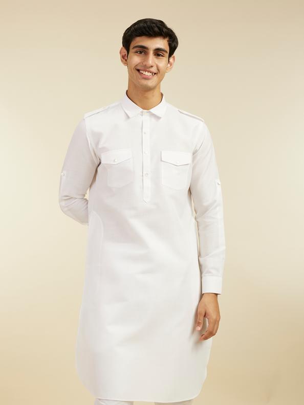Diwas Men Pearl White Paithani Style Kurta with Cuffed Sleeves