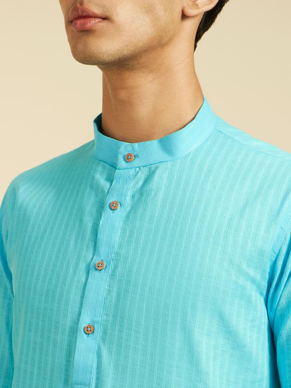 Diwas Men Maya Blue Self Striped Patterned Kurta