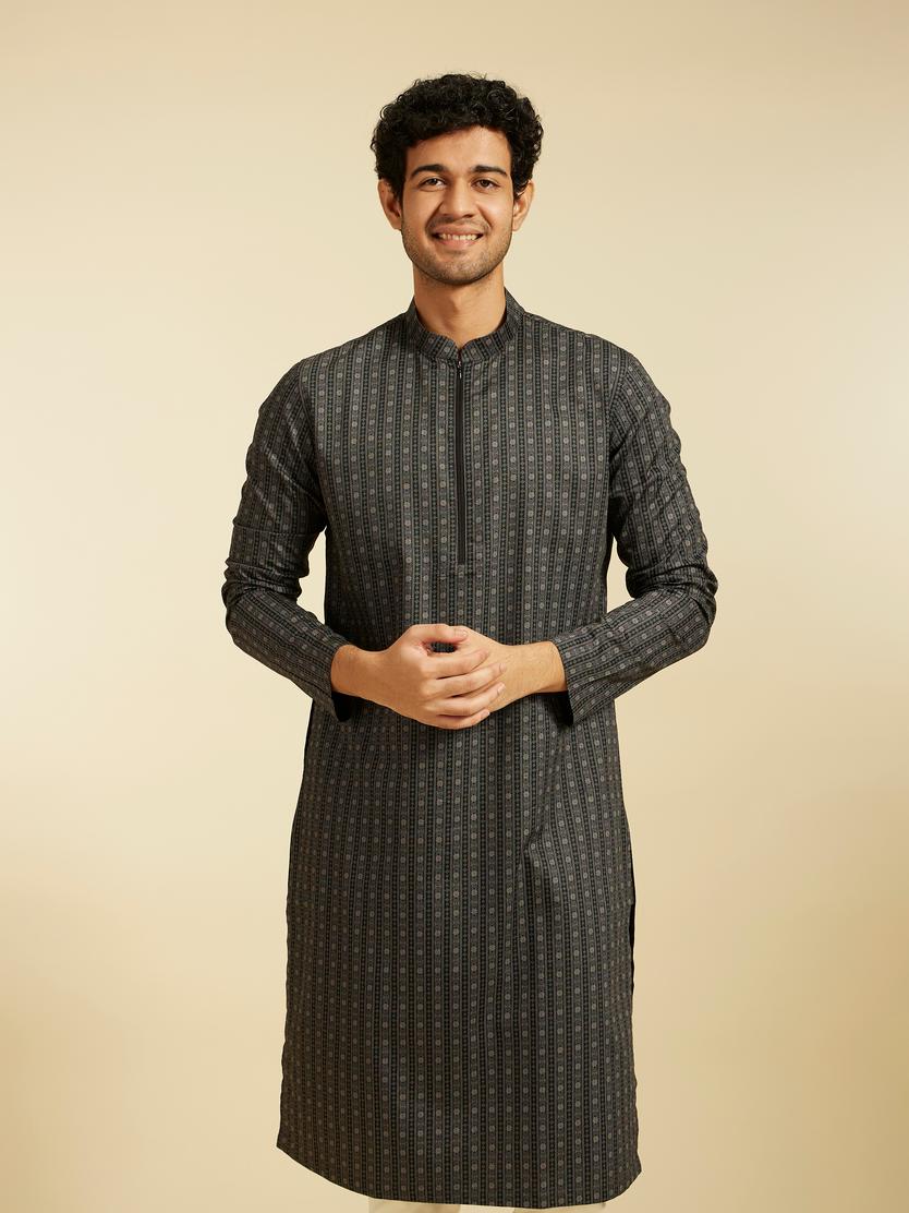 Diwas Men Charcoal Black Linear Printed Kurta