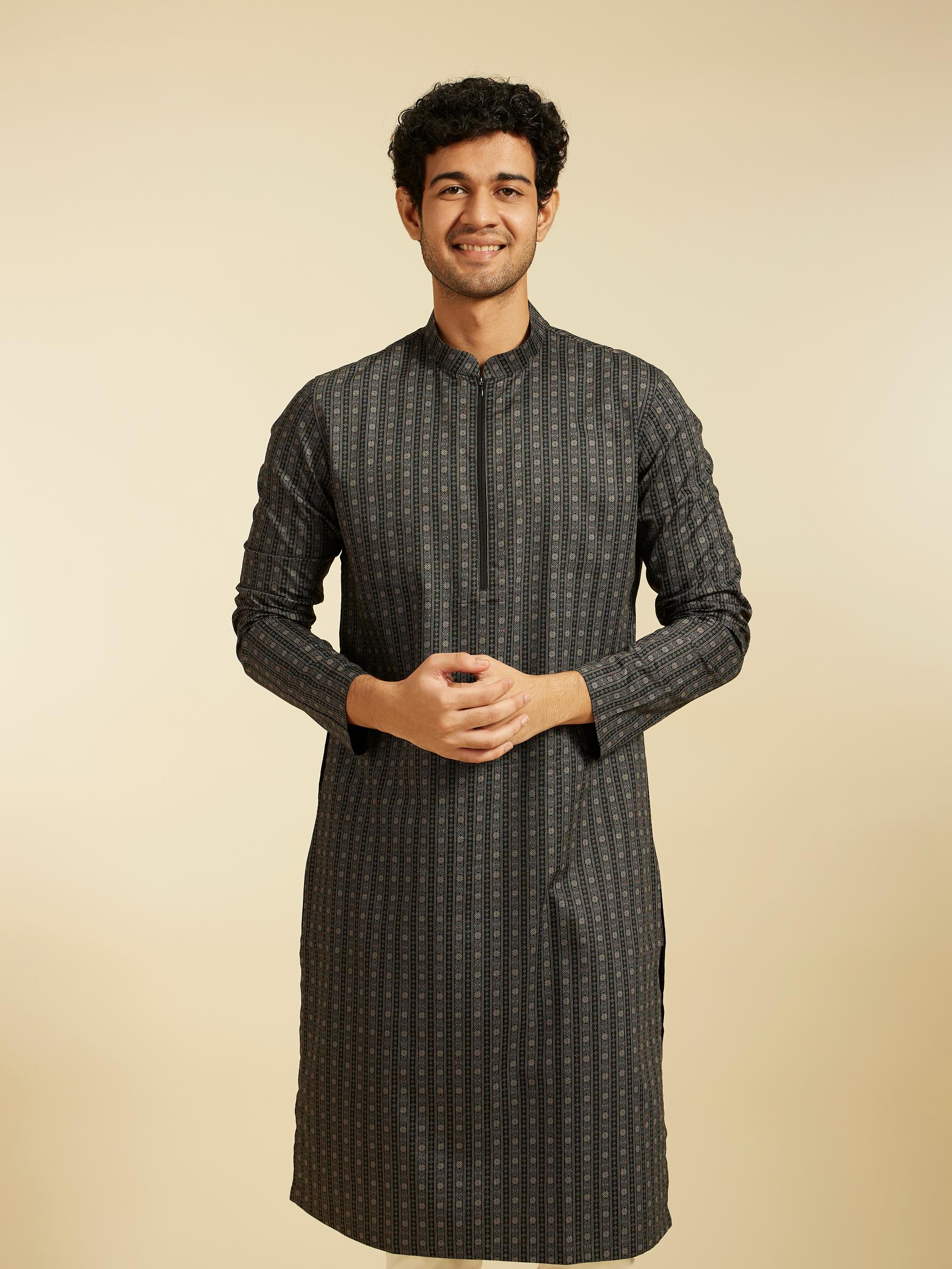 Diwas Men Charcoal Black Linear Printed Kurta