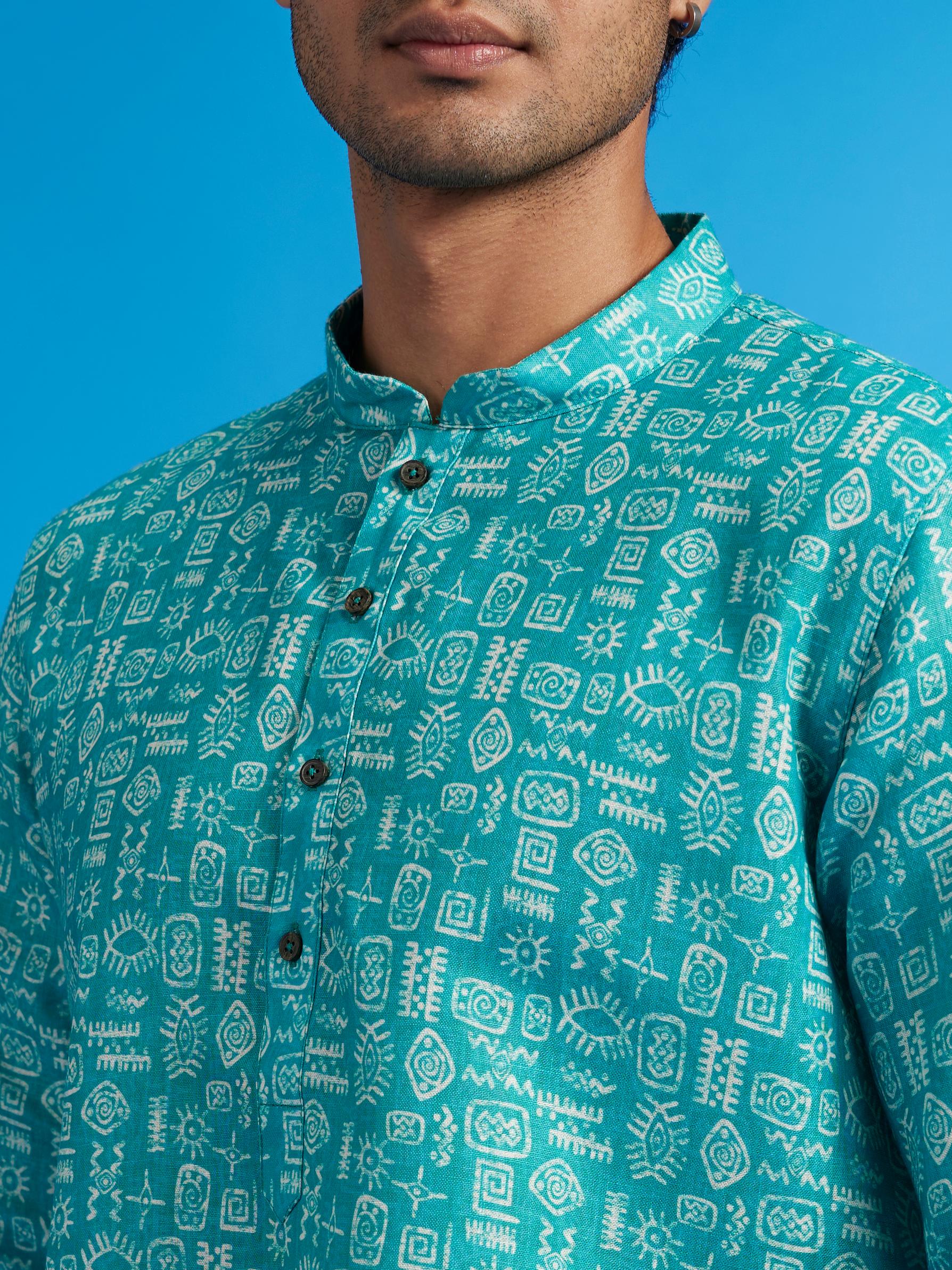 Diwas Men Turquoise Blue Aztec Print Kurta