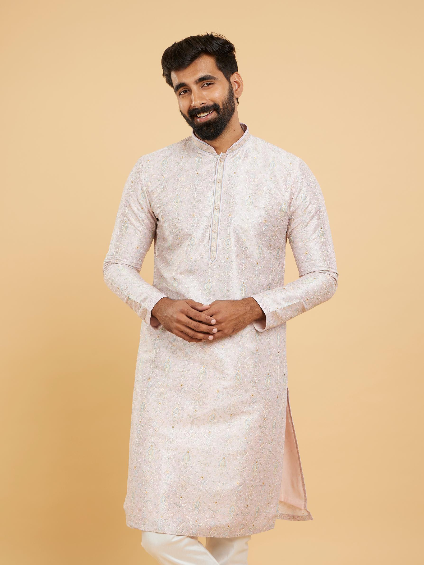 Twamev Men Soft Lilac Botanical Printed Kurta Set