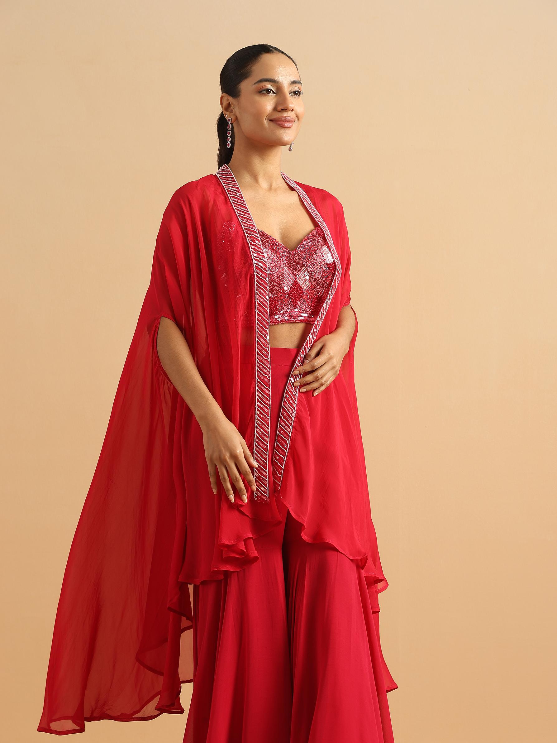 Twamev Women Glamorous Red Partywear Suit
