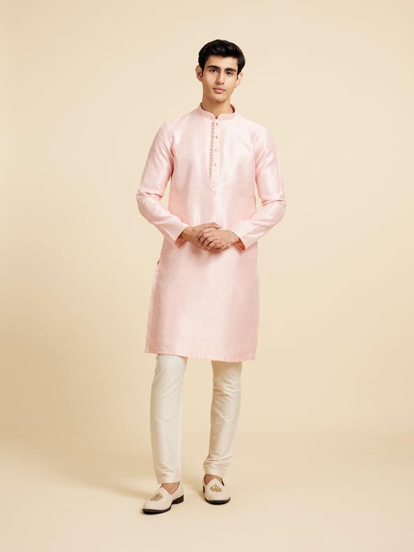 Diwas Men Rose Pink Ogee Patterned Kurta with Potli Buttons