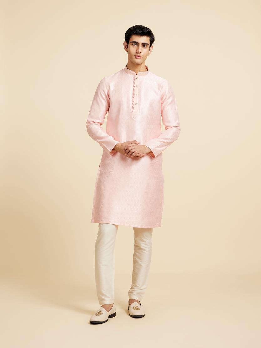 Diwas Men Rose Pink Ogee Patterned Kurta with Potli Buttons