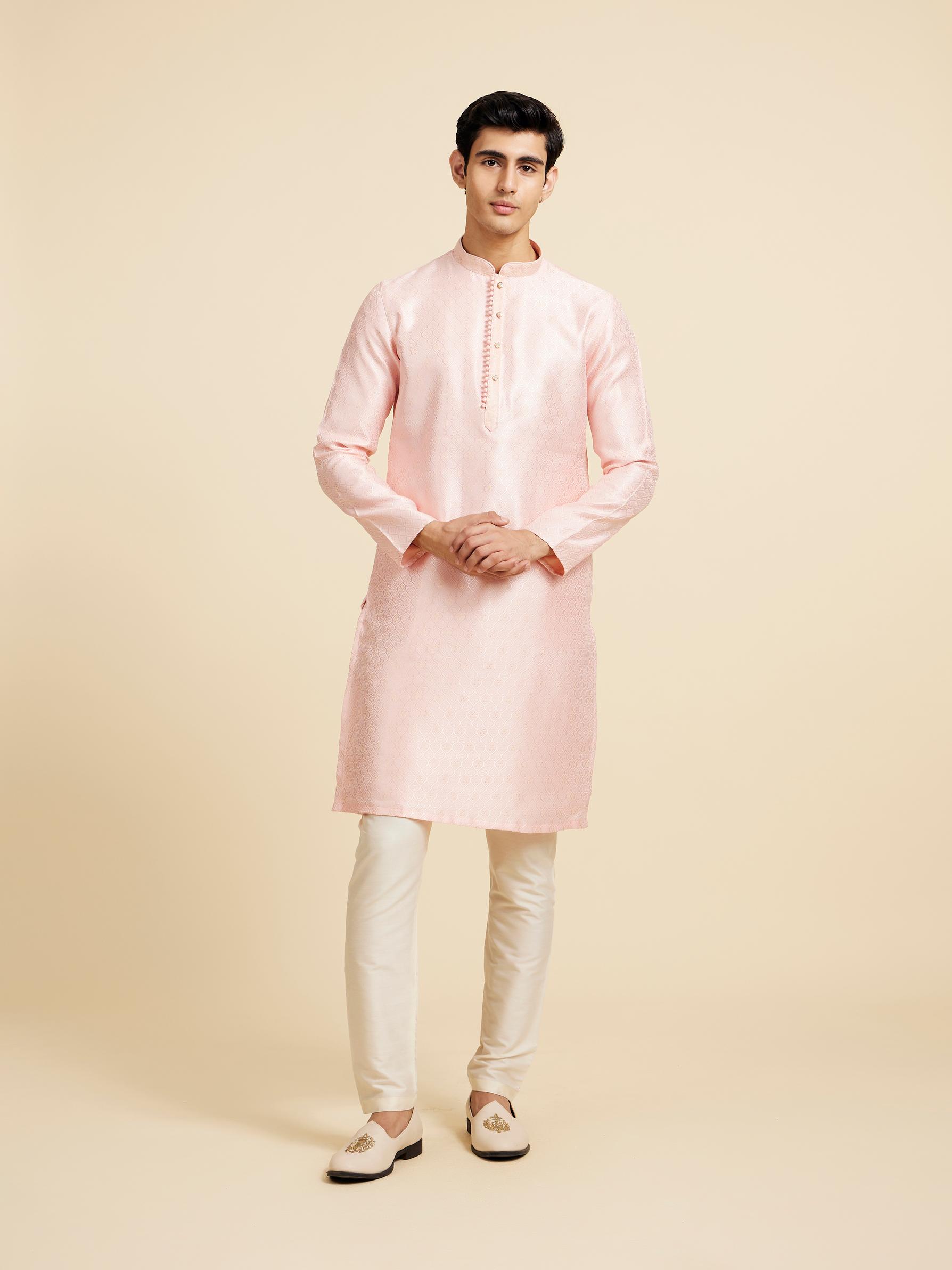 Diwas Men Rose Pink Ogee Patterned Kurta with Potli Buttons