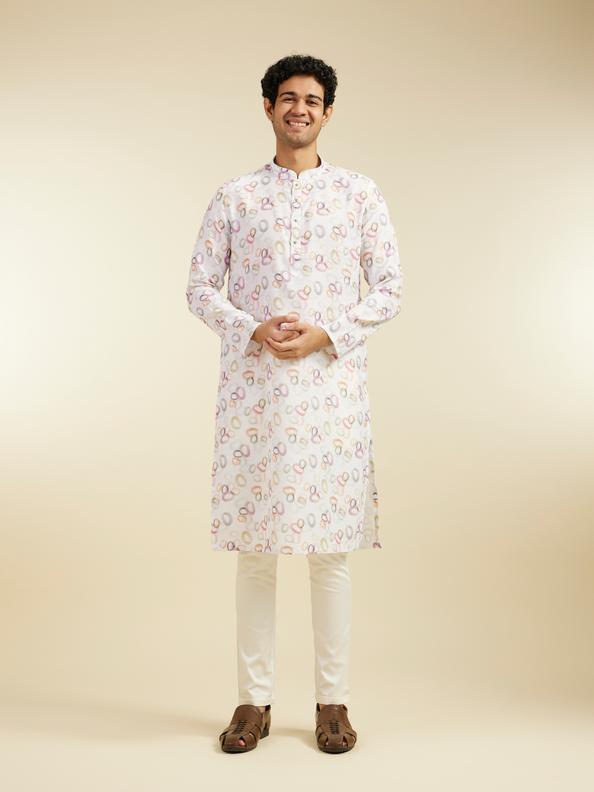Diwas Men Pearl White Abstract Circles in Watercolour Effect Kurta