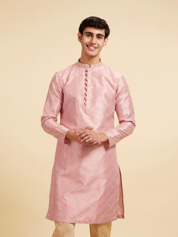Diwas Men Rose Pink Buta Jaal Patterned Kurta with Rhinestones