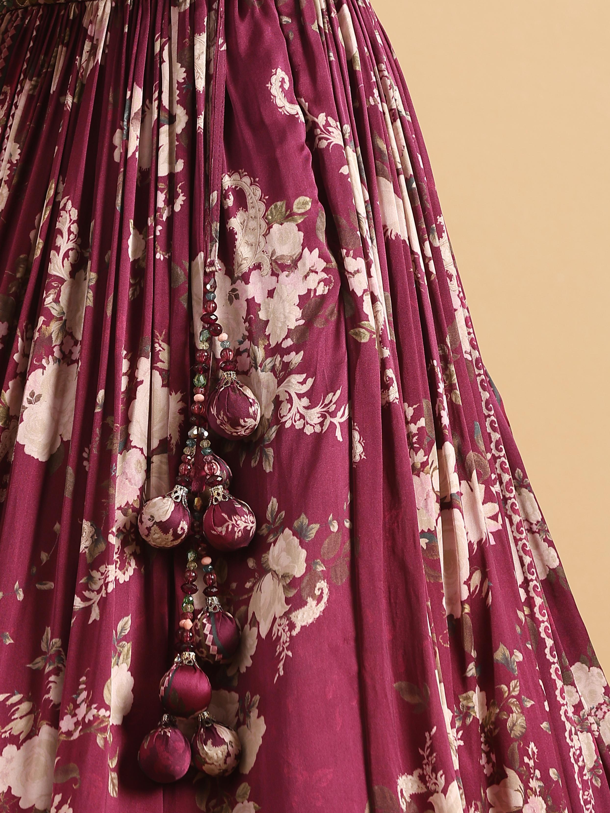 Twamev Women Royal Purple Floral Satin Skirt Top Set