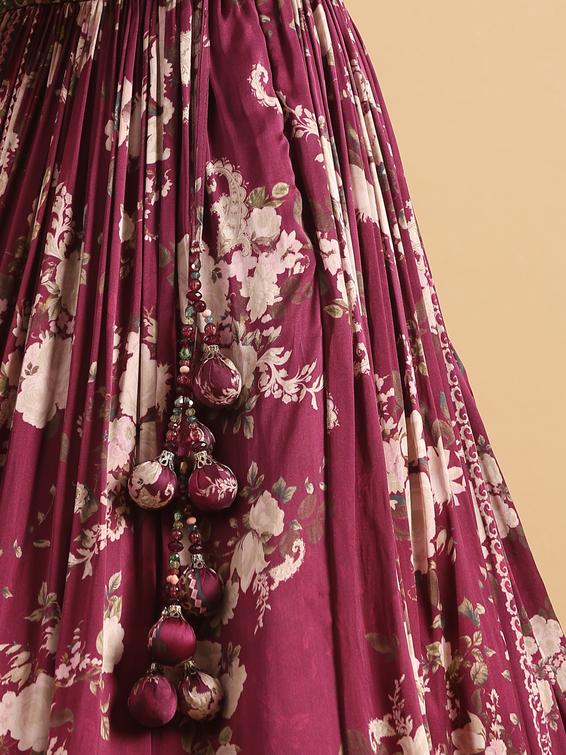 Twamev Women Royal Purple Floral Satin Skirt Top Set