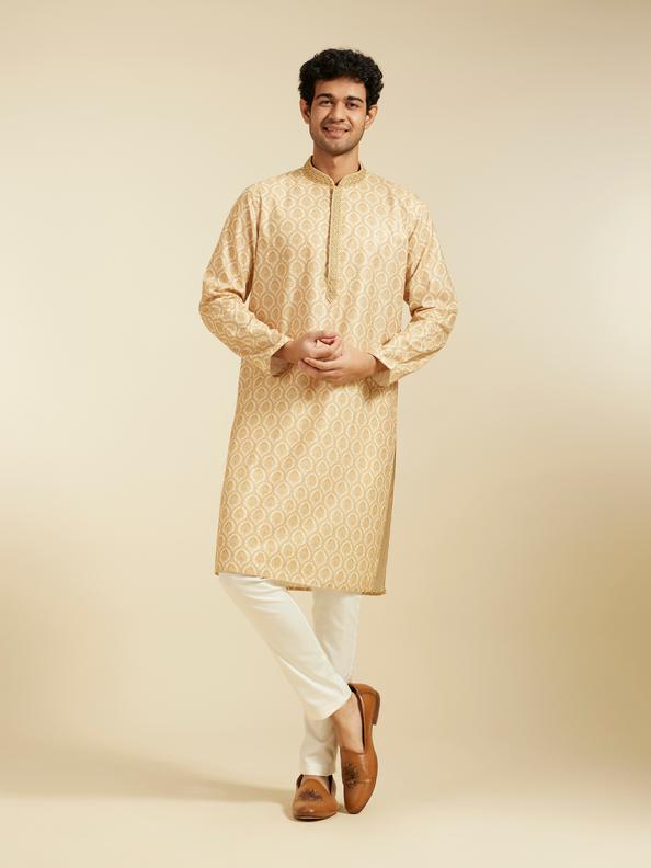 Diwas Men Sand Beige Medallion Printed Kurta with Embroidered Neckline