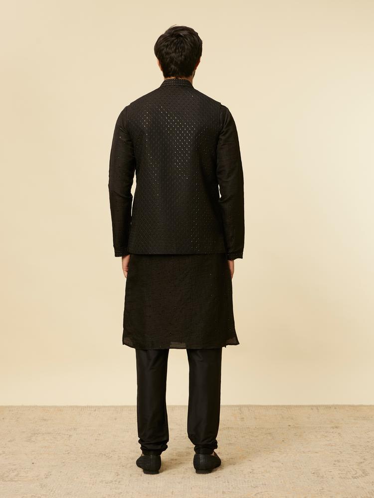 Twamev Men Classic Black Sequinned Kurta Jacket Set