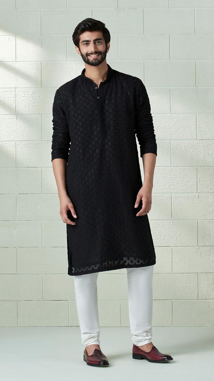 Twamev Men Onyx Black Allover Embroidered Kurta Set