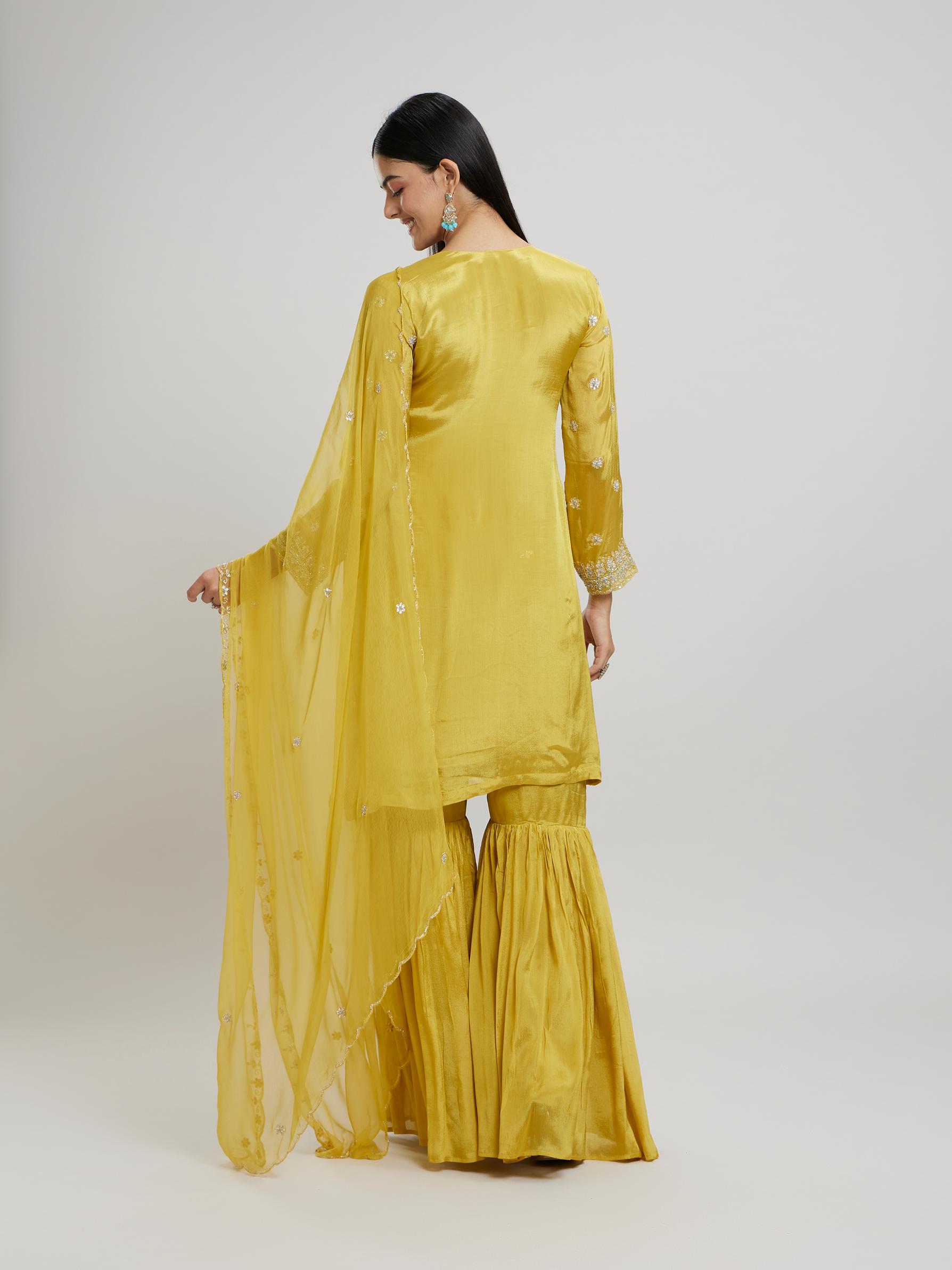 Twamev Women Radiant Yellow Chinon Stitched Suit