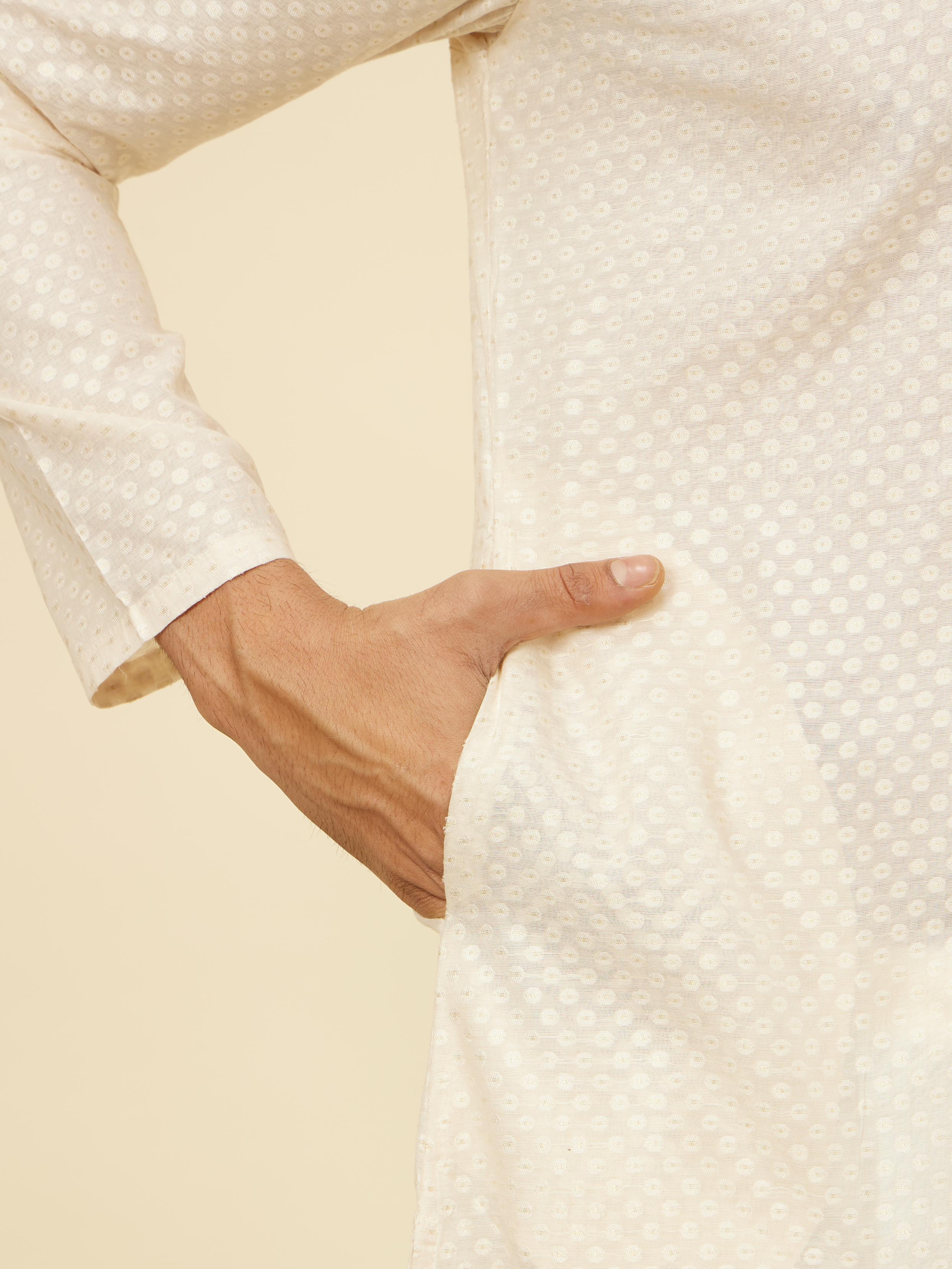 Twamev Men Beige Self Dotted Patterned Kurta Set