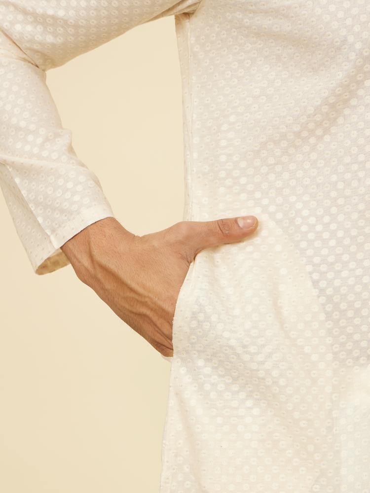 Twamev Men Beige Self Dotted Patterned Kurta Set