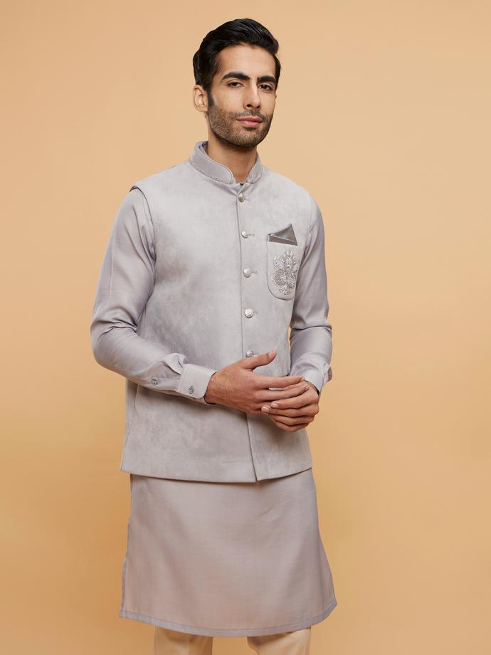 Twamev Men Smoke Grey Self Patterned Jacket Set with Medallion Motif