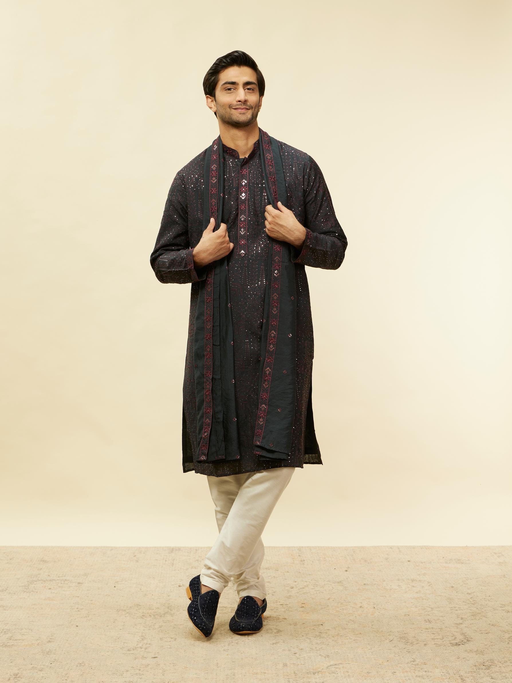 Twamev Men Enigmatic Dark Grey Sequin Kurta Set with Dupatta
