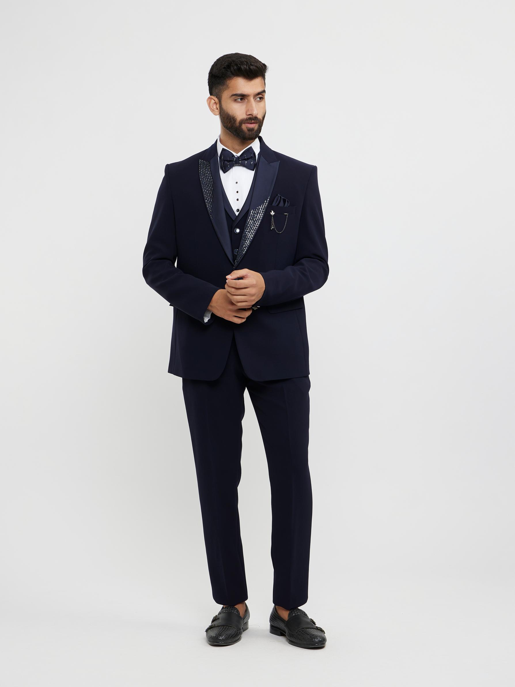 Twamev Men Indigo Blue Plain Classic Suit Set with Cutdana Work
