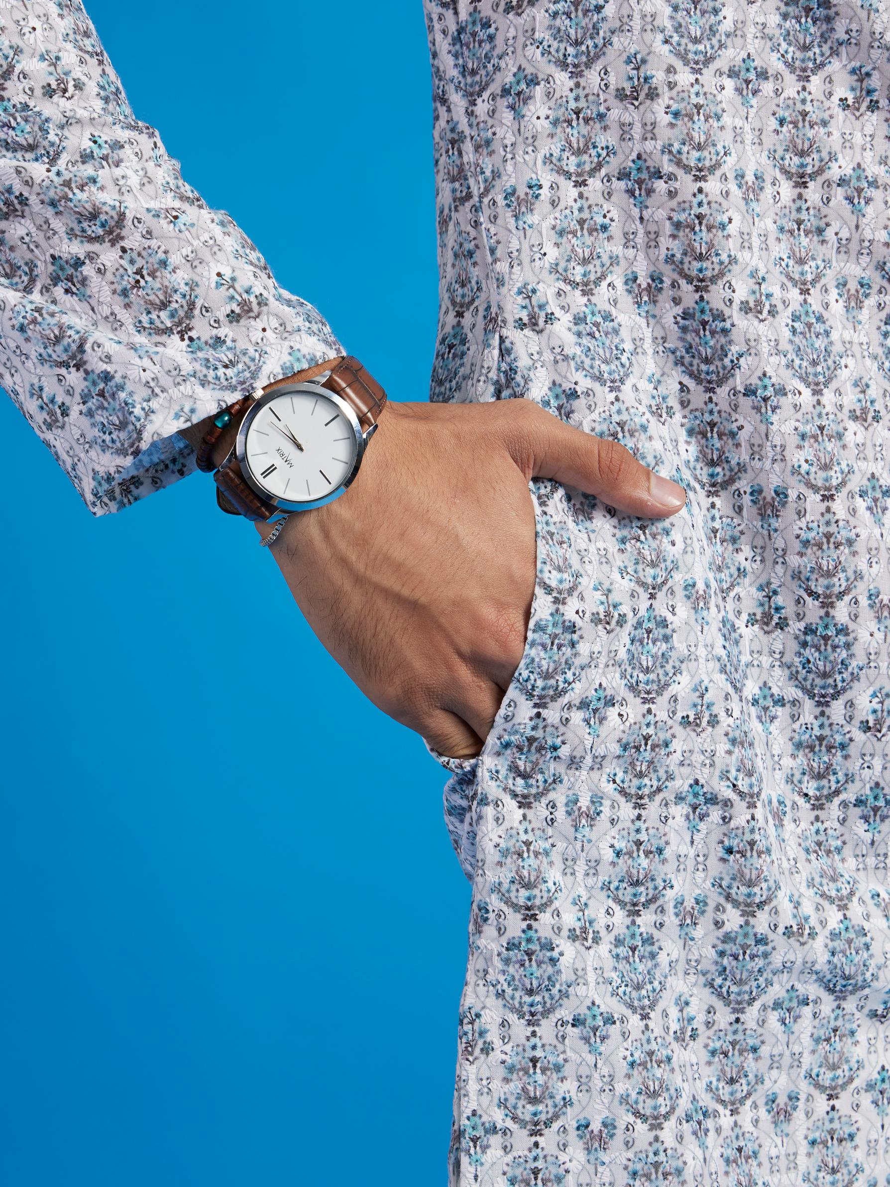 Diwas Men White & Aqua Green Medallion Printed Kurta