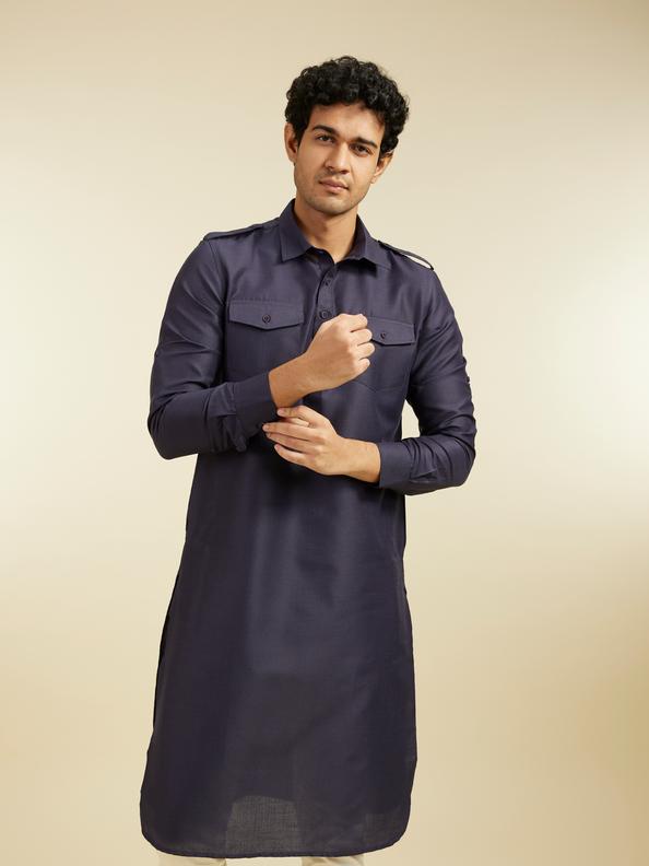 Diwas Men Indigo Blue Paithani Style Kurta with Cuffed Sleeves