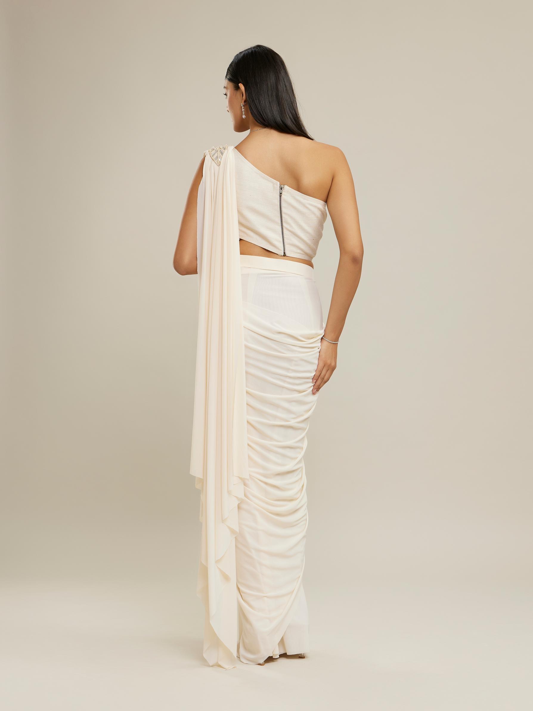 Twamev Women Cream Net-Lycra Festive Saree