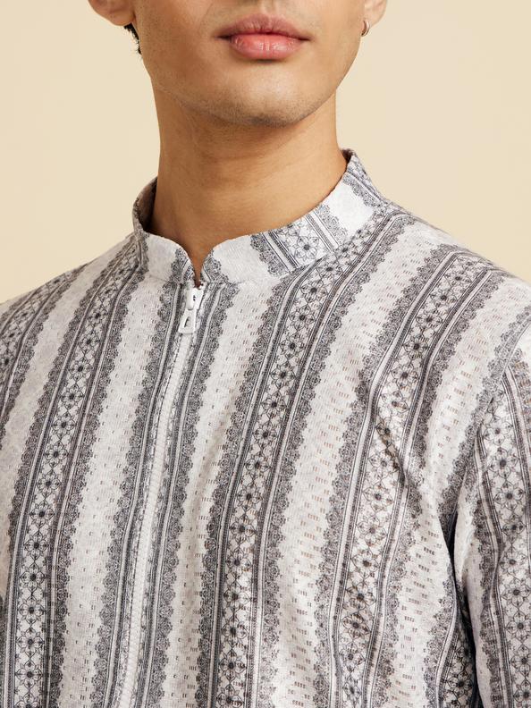 Diwas Men Cloud White And Slate Grey Linear Printed Kurta