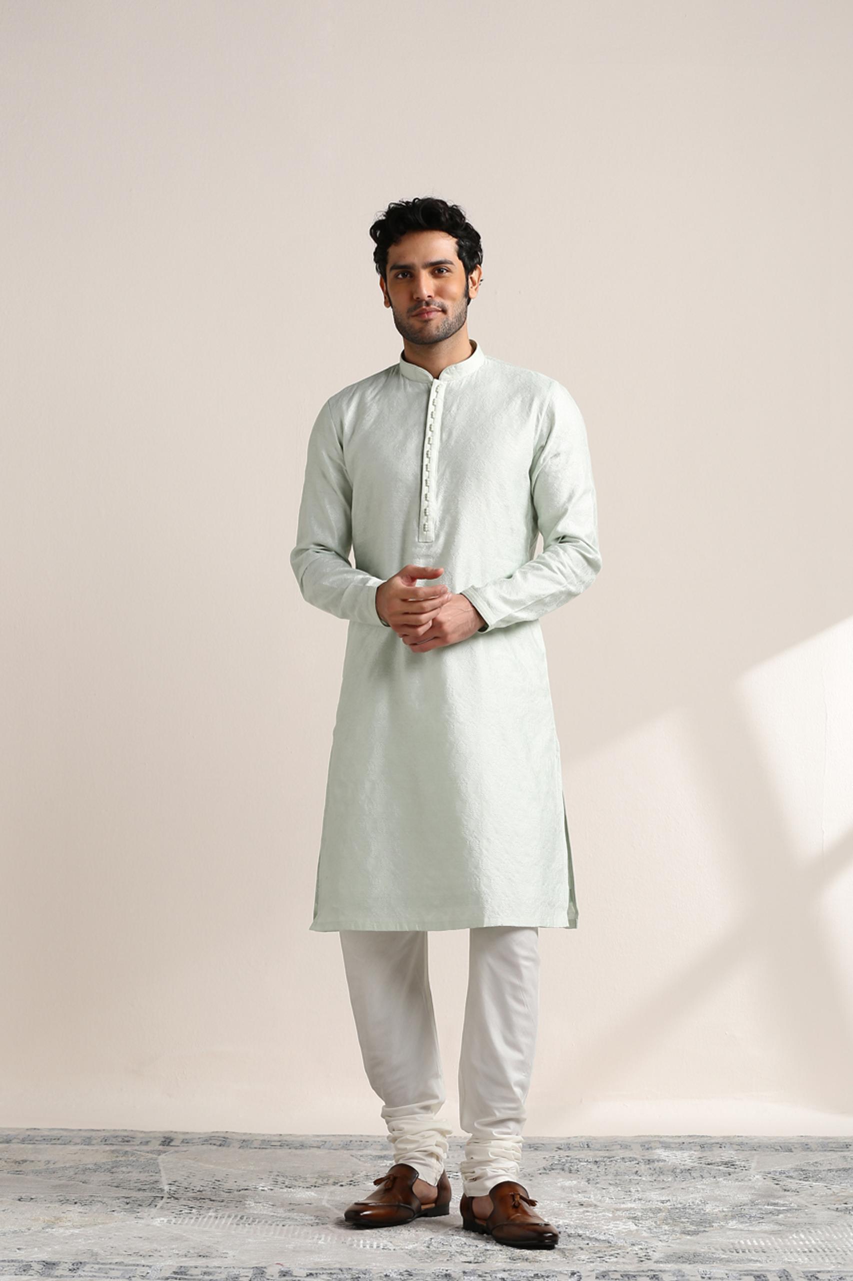 Twamev Men Pale Aqua Green Jacquard Patterned Kurta Set
