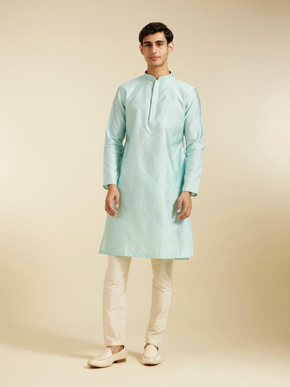 Diwas Men Aqua Green Subtle Self Patterned Kurta with Embroidered Placket